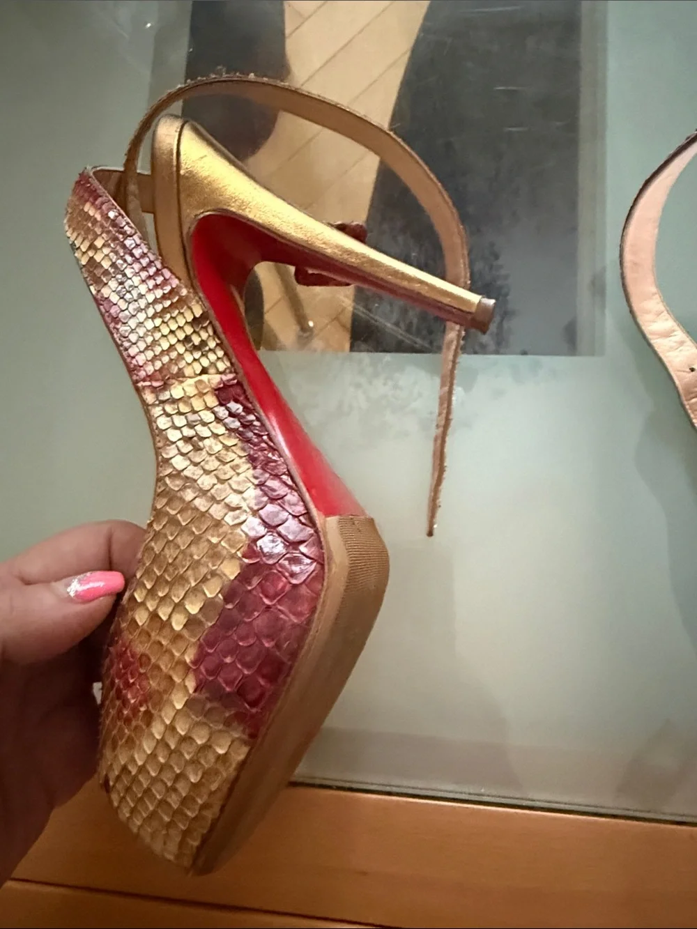 Christian Louboutin Red and Gold Snake-Embossed Peep-Toe Slingbacks